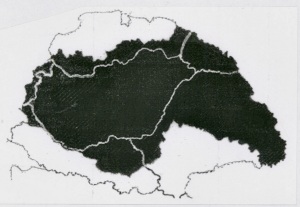 II.The area of Hungarian majority within pre-World War I Hungary is indicated in black. The white lines represent the current borders. 