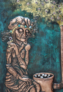 Hajnal Rudy:  Old Chestnut Baker, copper relief, in Memory of Endre Szász, 2014