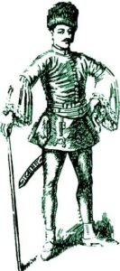 Fig. 12: Short sleeved doublet, showing embroidered shirt sleeves, tight trousers, buttoned on the bottom. Early 17th century.